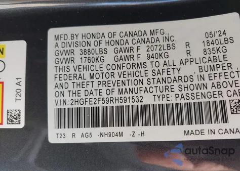 2024 Honda Civic Sport z USA, uszkodzony, nr VIN 2HGFE2F59RH591532